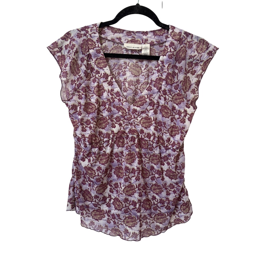 Y2K DKNY Jeans Womens Purple Floral Paisley Mesh V-Neck Empire Waist Blouse L